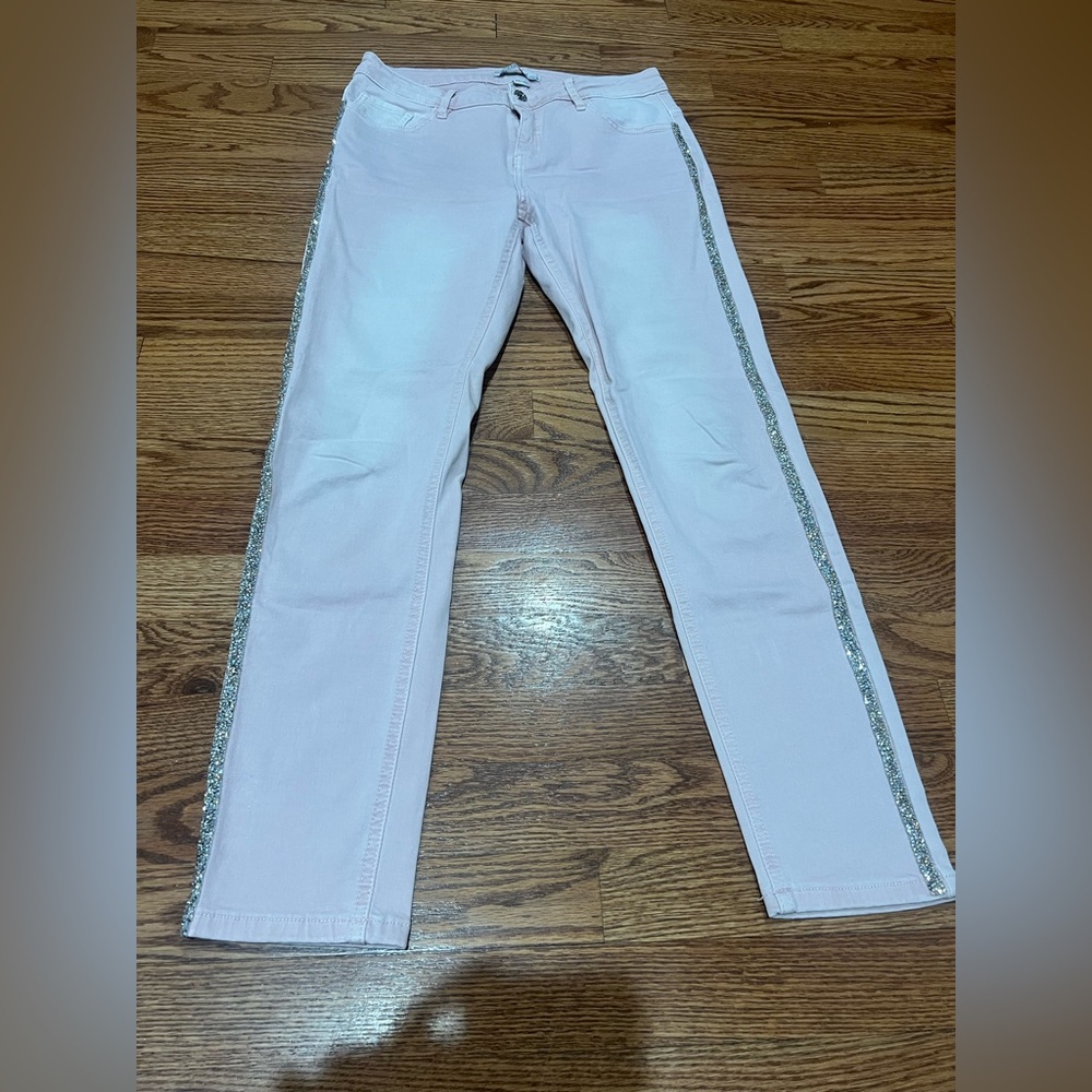 Zac & ZOE Women’s Jeans Sz M/38Light Pink/White Denim Stretch Rhinestone Stripe